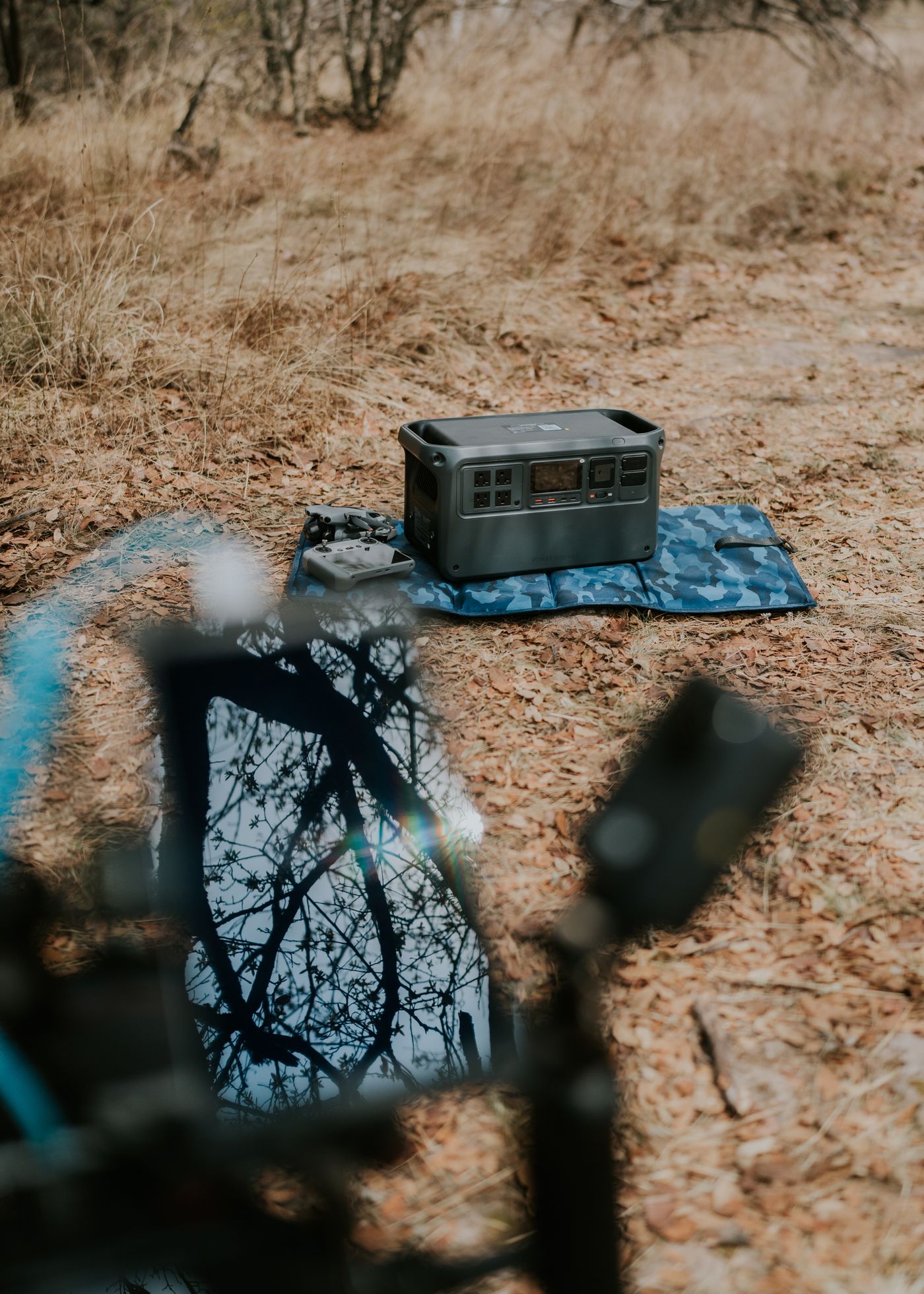Portable power station set up at a campsite